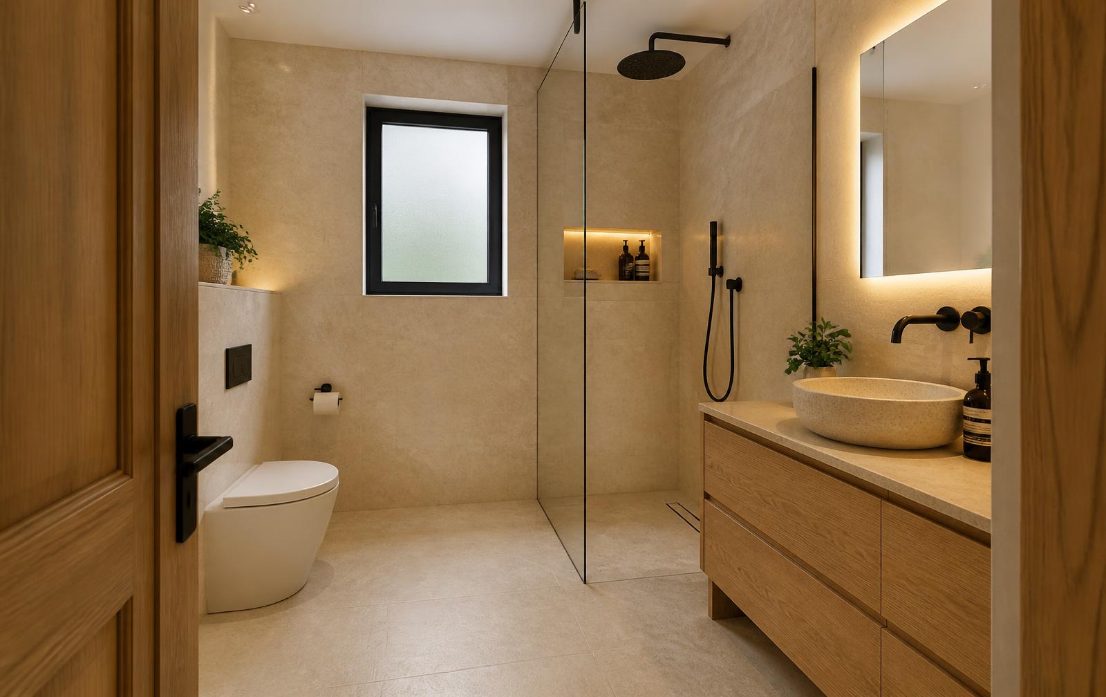 Moderne baderom med varme materialer