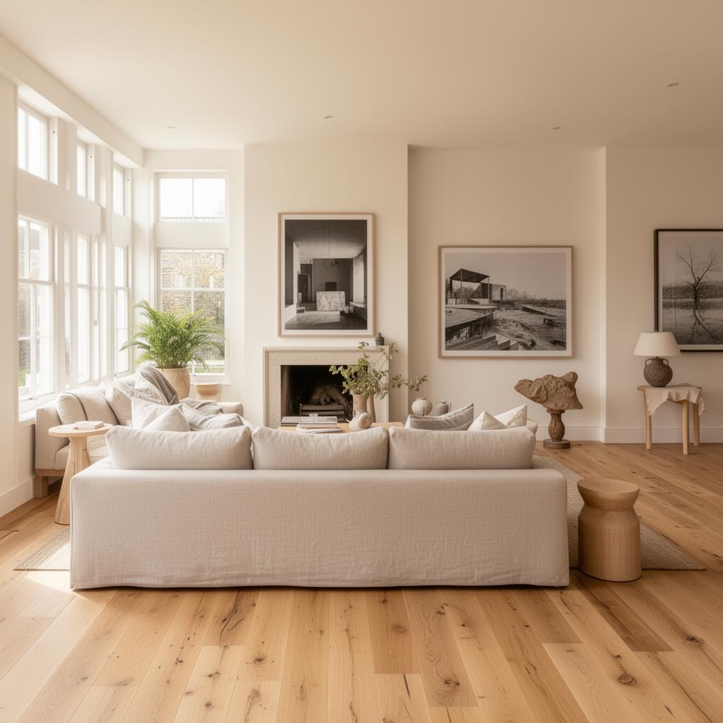 Interiørdesign for hjemmet: Varm minimalisme — Lyse vegger, eik og naturtekstiler skaper et rolig og tidløst hjem.