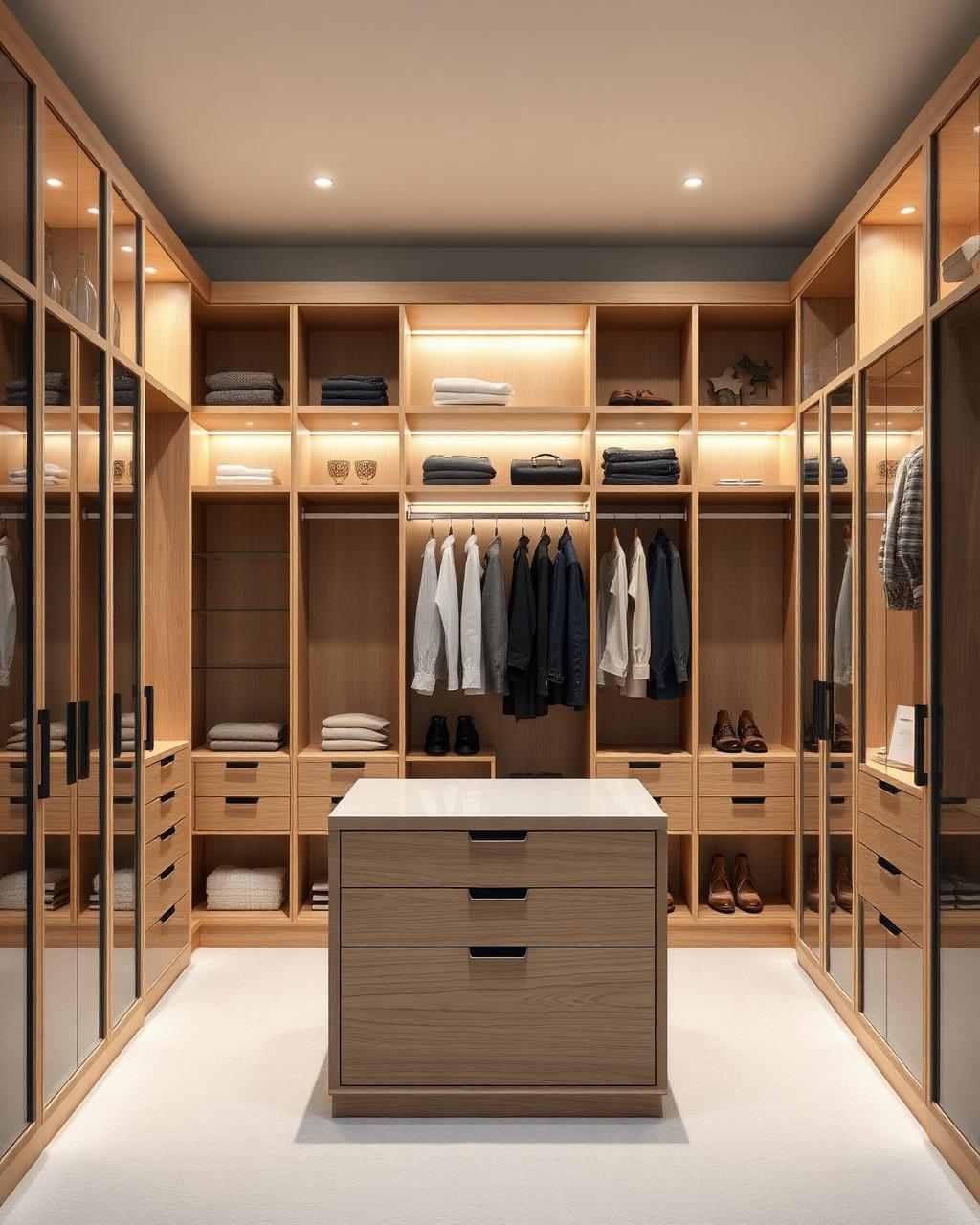 Garderobe & oppbevaring: Lys walk-in — Åpne seksjoner, varmt lys og god oversikt over hele garderoben.